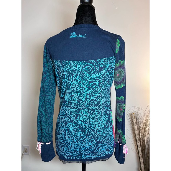 Desigual Geisha Floral Embellished Long Sleeve Tie Cuff Black Sweater Size M - Picture 2 of 9